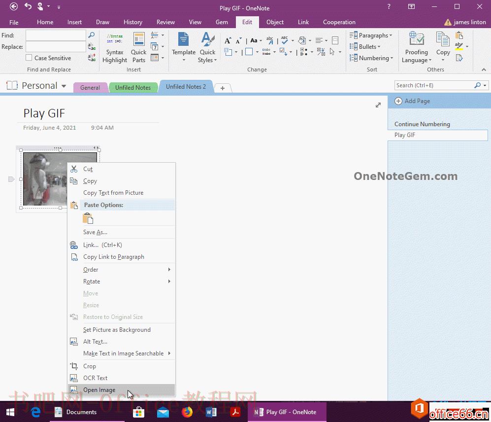 在 OneNote 里选中 GIF 图片，右键菜单中打开图片