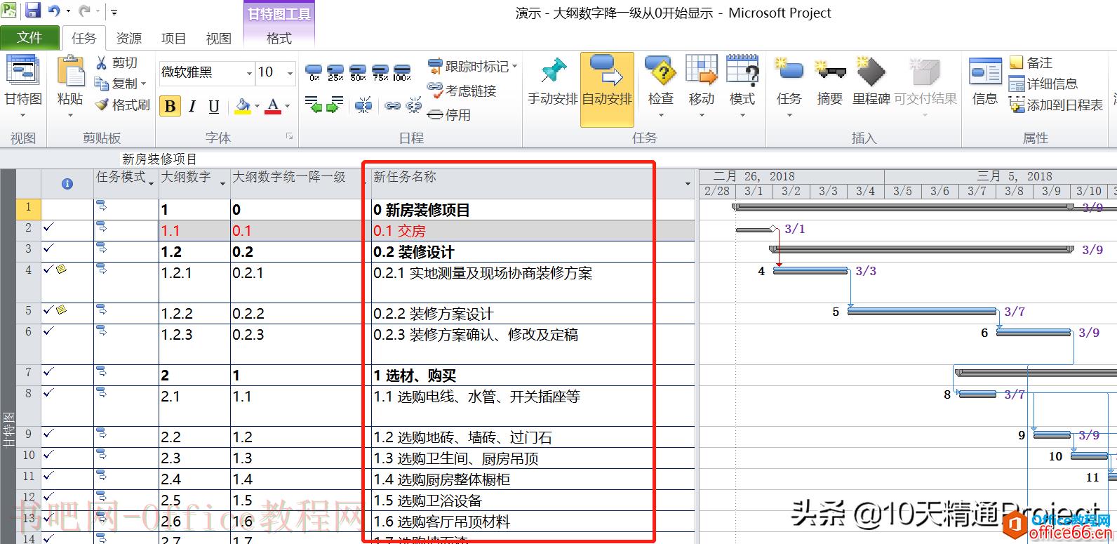 「Project教程」任务名称前显示的大纲数字统一降一级