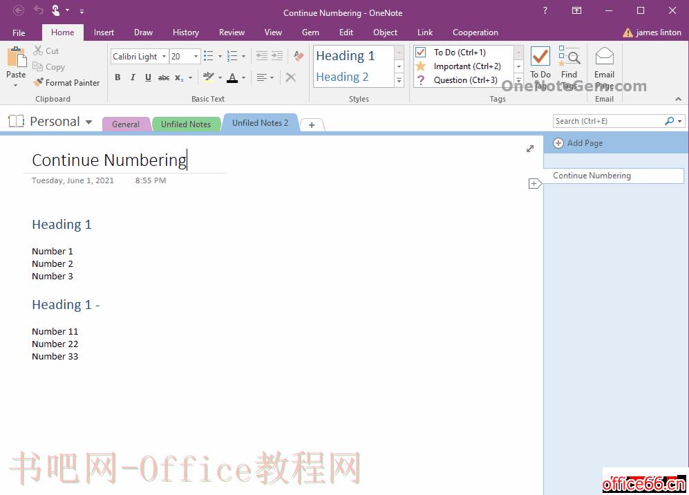 在 OneNote 对相隔开的 2 个数字编号列表进行持续编号。