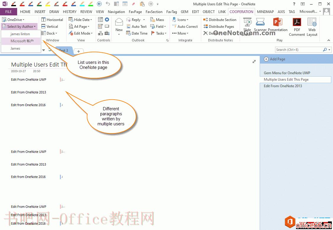 如何在 OneNote 多用户协作页面里，选中某个用户编辑过的段落，并复制出来这些段落？