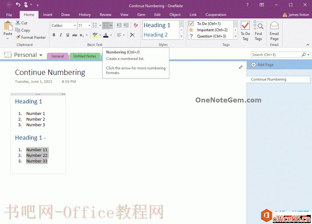 如何在OneNote的相隔开2个数字编号列表进行连续编号？